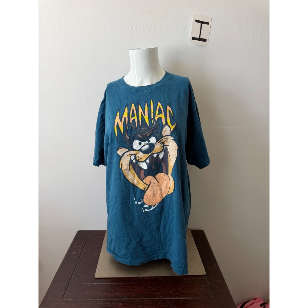 Y2K Fruit of the Loom T-Shirt Looney Tunes Taz Maniac Graphic Teal Blue M Large